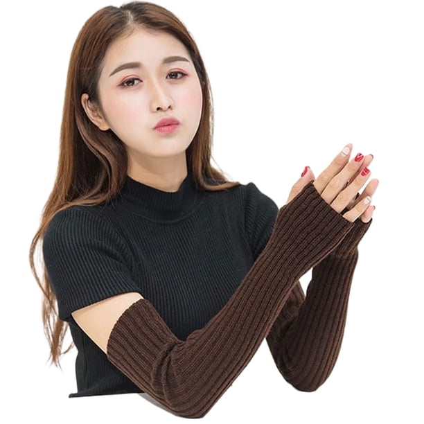 Guardurnaity Funda para medio dedo con aguja plana, adecuada para cualquier conjunto, funda de brazo tejida suave para mujer guantes y mitones café