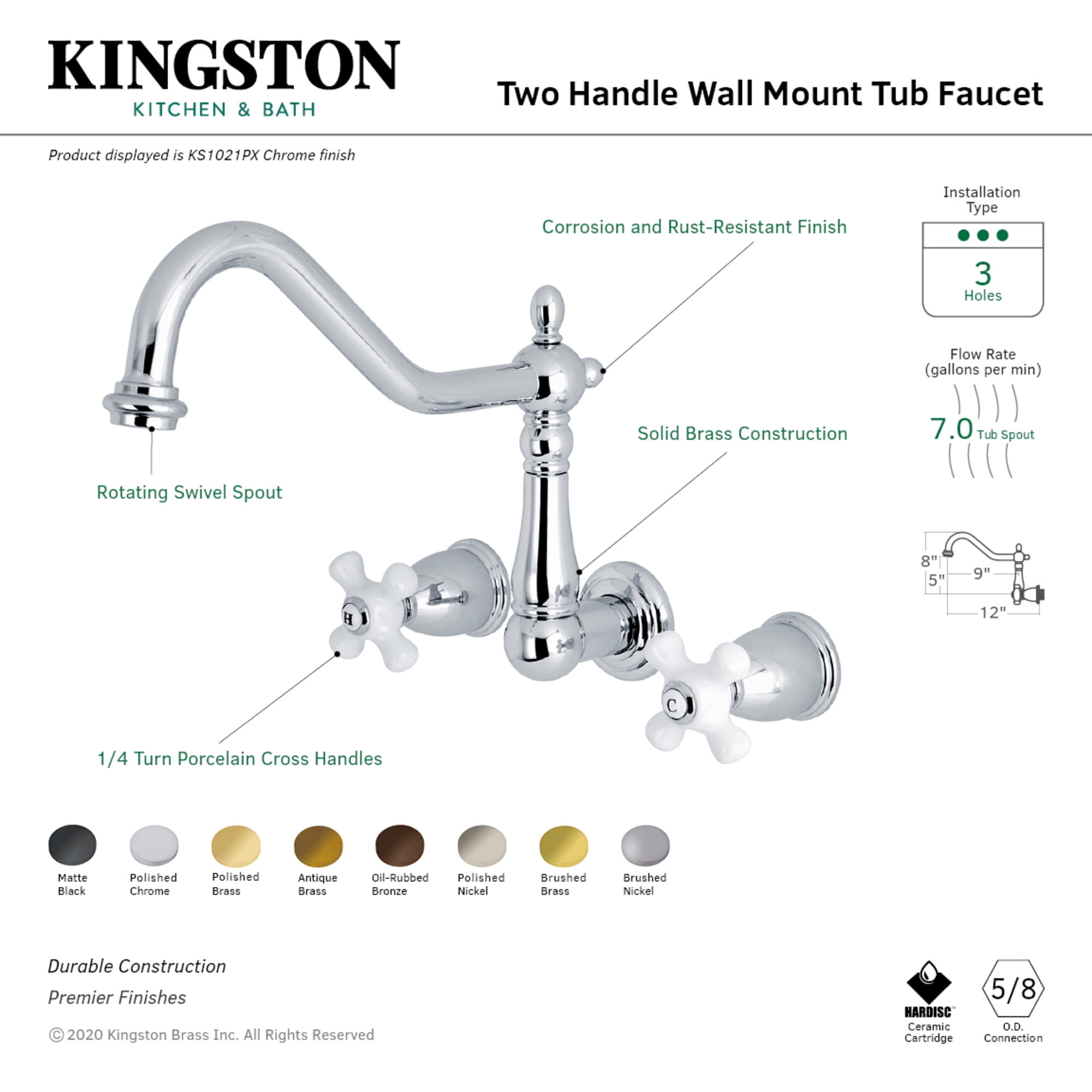 Kingston Brass KS1022PX Heritage Two-Handle Wall Mount Roman Tub Faucet, Polished Brass