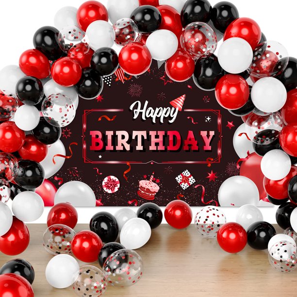 Happy Birthday Decorations Black and Red Birthday Backdrop Sign Banner Confetti Balloons Kit for