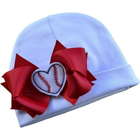 Baseball Bow Cotton Baby Hat with Embroidered Baseball Heart for Baby Girls