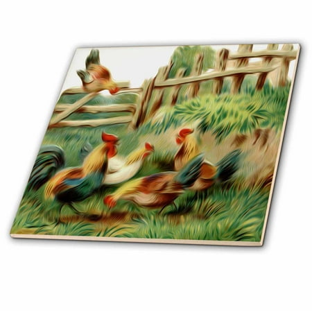 - 3dRose Vintage Oil Painting Roosters Gather At The Farm - Ceramic Tile, 6-inch
