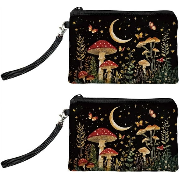 Original Designs Coin Purse for Women Girls Mushroom and Starry Sky 2 Packs Change Purse with Zipper Durable and Soft Canvas Wallet Pouch for Travel Gift Black