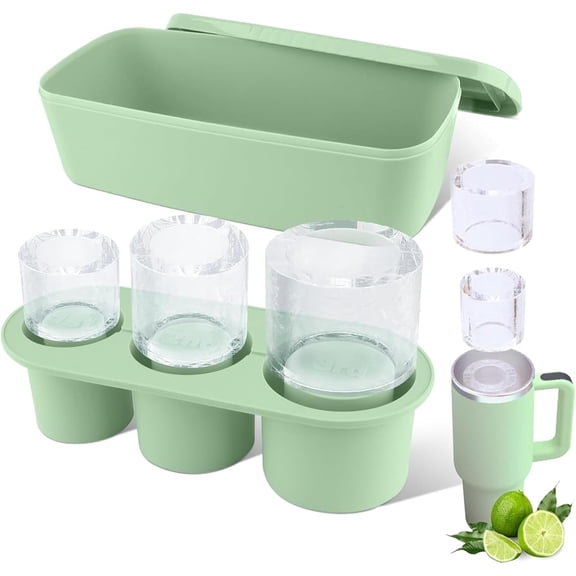 Ice Mold for Stanley Cup 30-40 oz Tumbler Cup Ice Mold, Silicone Ice Cube Tray With Lid and Bin for Chilling Cocktails, Whiskey, Drinks, Coffee, Easy Fill and Release Ice Maker (Green)