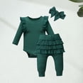 thumbnail image 3 of LZHGirlshop 3Pcs Baby Girl Solid Color Ribbed Ruffle Long-Sleeve Romper Casual Flared Pants & Bow Headband Set,Green,9M, 3 of 6