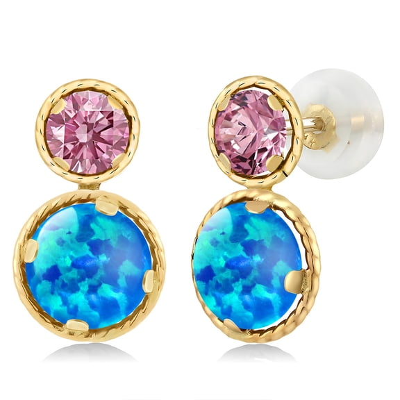 Gem Stone King 14K Yellow Gold Simulated Blue Opal and Pink Lab Grown Diamond Earrings for Women (1.10 Cttw, Gemstone October Birthstone, Round Cabochon 6X6MM, Round 4X4MM)