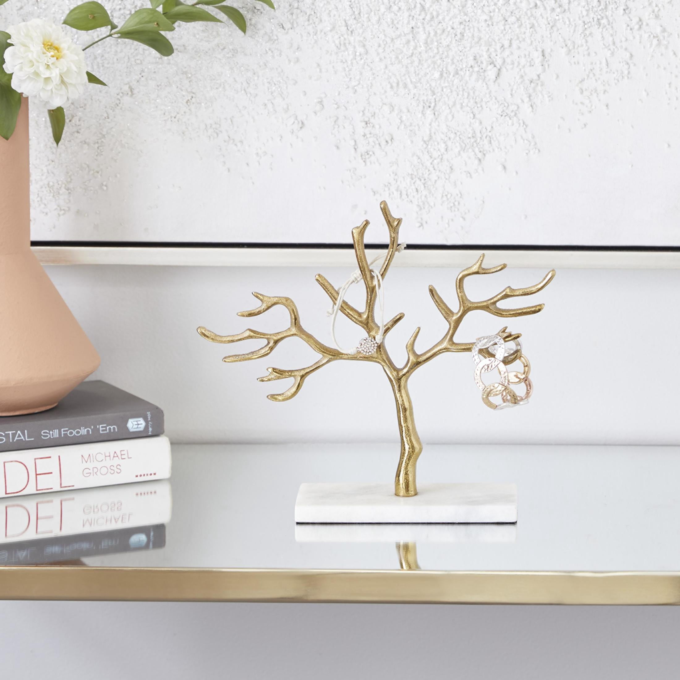 CosmoLiving by Cosmopolitan 12" x 10" Gold Marble Tree Jewelry Stand with Rectangular Base, 1-Piece