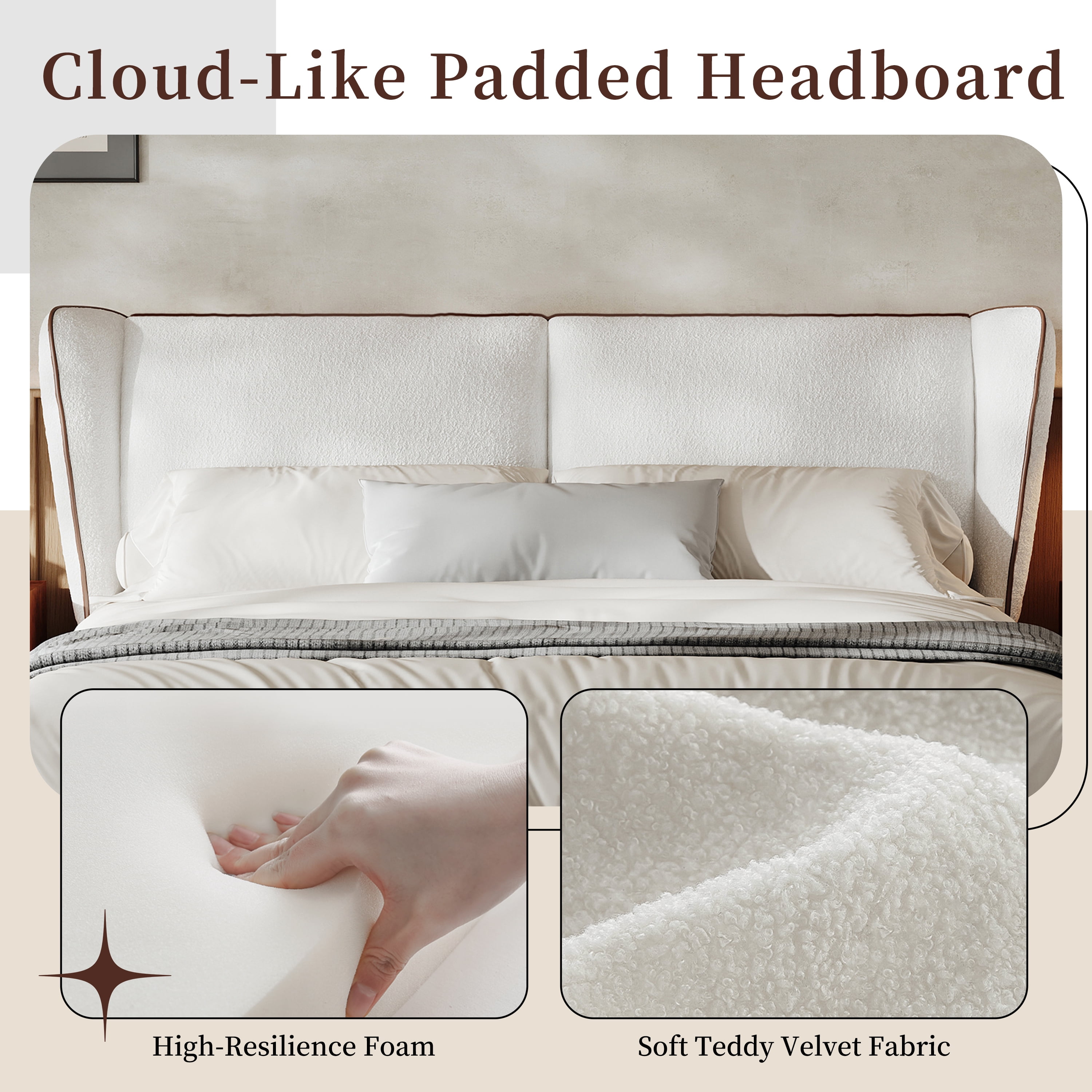 Noble House Teddy Fleece Upholstered Platform King Bed with Wingback Headboard, No Box Spring Needed,White