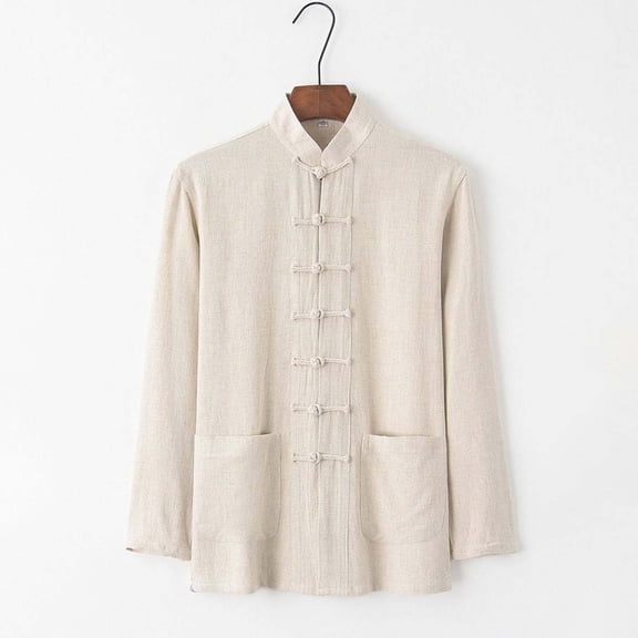 Aobny T Shirts for Man Solid Cotton Linen Button Up Polos Collared Big & Tall Long Sleeve Oversized T Shirt,Beige,L