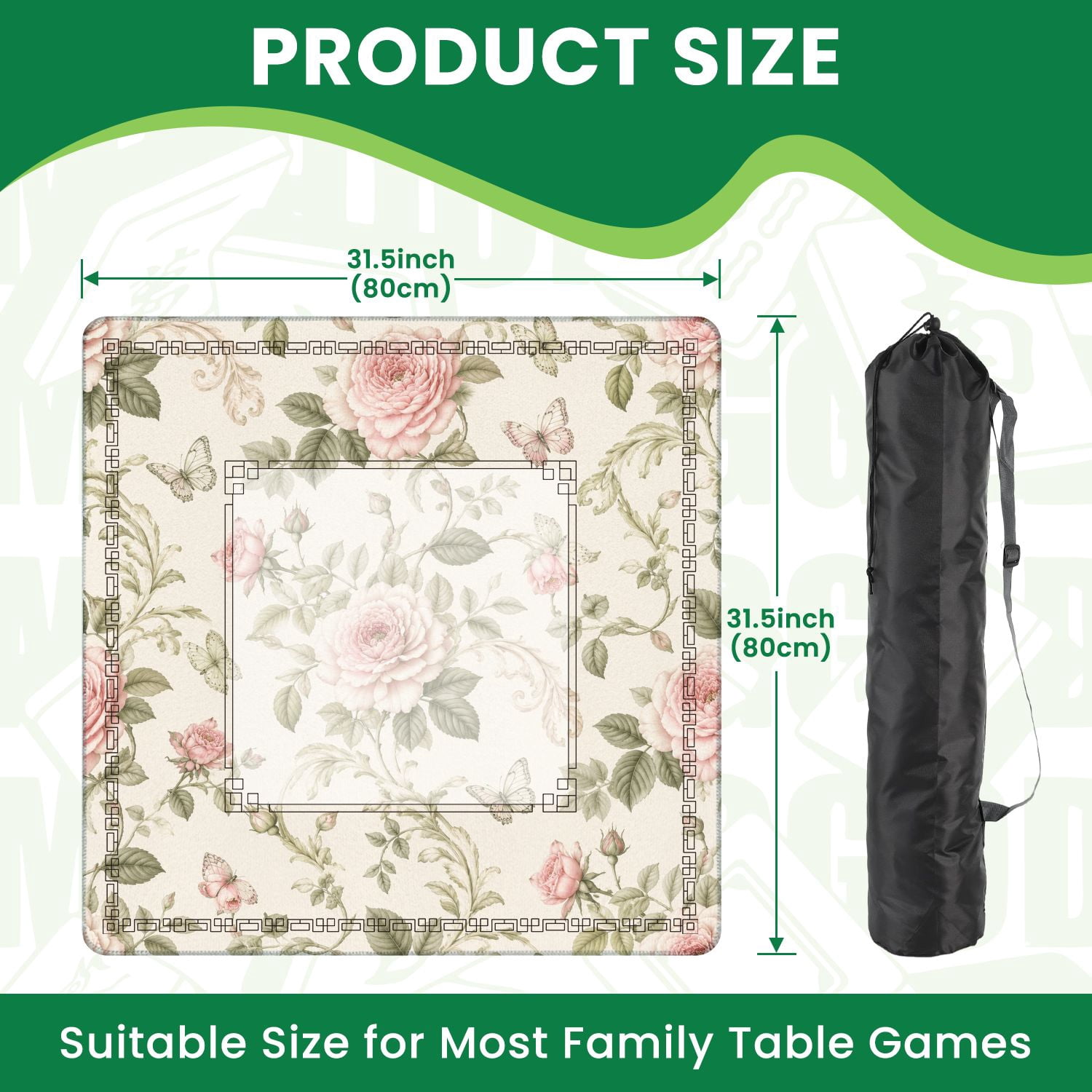 Mahjong Mat 31.5" x 31.5" Vintage Floral Pink Roses Butterflies Beige Non-Slip Noise Reduction American Mahjong Tiles Table Cover for Dominoes Poker Card Board Games Gift