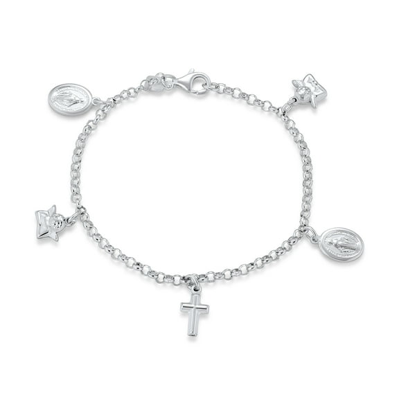 Bling Jewelry Womens Multi Charm Cross Virgin Mary Cherub Religious Anklet Ankle Bracelet Silver 10"