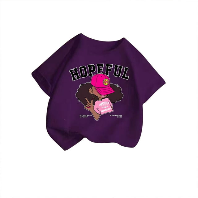LUOGENLI T-Shirt pour Filles, T-Shirt Graphique Mignon à Col Rond et Manches Courtes, T-Shirt d'Été Décontracté, Long, Taille Haute, Violet, 13-14 Ans
