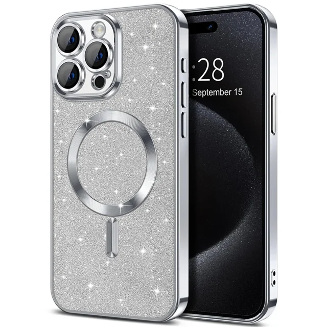 Electroplate With Lens Protector Phone Case For iPhone 15 14 11 12 13 Pro Max For Magsafe Wireless Charge Bumper Glitter Cover Silver For iphone15Pro