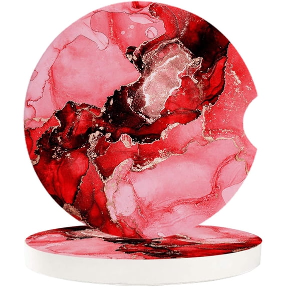 FMSHPON Marble Texture Red Ink Set of 6 Car Coaster for Drinks, Absorbent Ceramic Stone Coasters Cup Mat with Cork Base for Home Kitchen Room Coffee Table Bar Decor