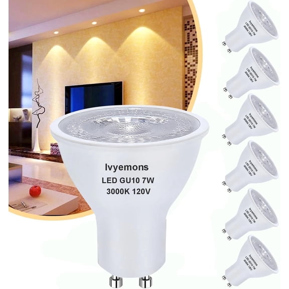 Ivyemons 6-Pack GU10 MR16 LED Bulbs – 7W (50W Equiv) Dimmable, 3000K Warm White for Recessed Track Lighting