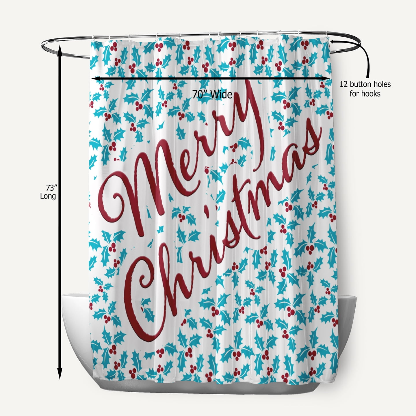 Simply Daisy 70" W x 73" L Merry Christmas with Holly Polyester Shower Curtain, Turquoise [1 Ct]