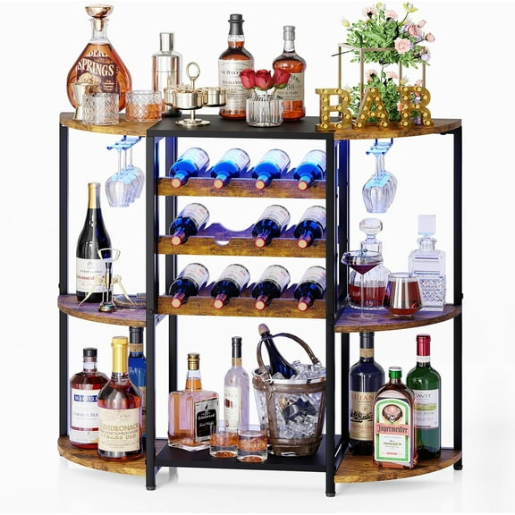 MY Wine Bar Cabinet with LED Lights, Mini Wine Bar Cart with Storage and Glass Holder, Liquor Shelf for Home Bar, 3-Tier Bar Table Coffee Bar for Kitchen, Dining Room, Living Room, Bar, Rustic Brown