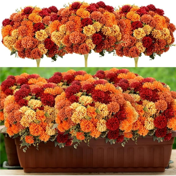 12Pcs Artificial Fall Flowers Faux Mums Burnt Orange Flowers Assorted Fake Silk Mums Chrysanthemums Bouquet Fall Marigold for Vase Table Floral Arrangement for Wedding Home Outdoor Autumn Decorations