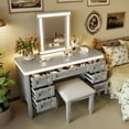 thumbnail image 3 of 48" Makeup Vanity Desk with Mirror & Lights - 7-Drawer Dressing Table with Cushioned Stool, Classic Grey Finish & Rubber Wood Legs,Grayish Blue, 3 of 19
