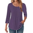 thumbnail image 2 of Purple Women's Long Sleeve T-shirt, 3/4 Length Sleeve Womens Tops Crewneck Summer Blouses 2025 Pleated Front Tunic Tops Tee Shirt Floral Print Clothes,Women's Long sleeve T-shirt S, 2 of 5
