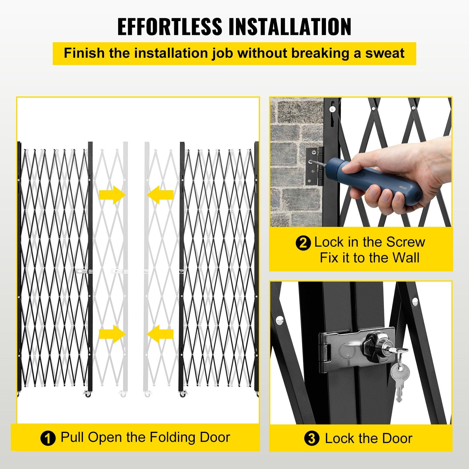 HCY Double Folding Security Gate, 6-1/2' H x 12' W Folding Door Gate, Steel Accordion Security Gate, Flexible Expanding Security Gate, 360掳 Rolling Barricade Gate, Scissor Gate or Door with Keys