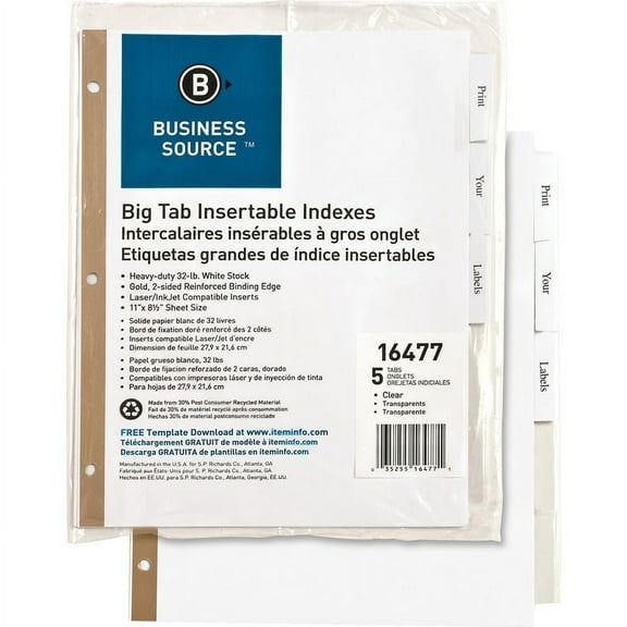 Business Source Tear-resistant Clear Tab Index Dividers - 5 x Divider(s) - 5 Tab(s)/Set - 8.5" Divider Width x 11" Divider Length - Letter - White Div | Bundle of 2 Sets