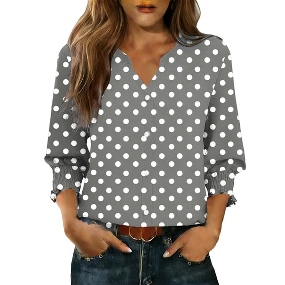 YUGYXL Women's Polka Dot Shirts Vintage 3/4 Sleeve Button Down Blouses Casual V Neck Basic Tees with Smocked Cuffs Gray M