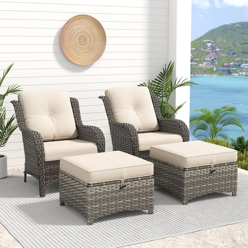 Meetleisure 4 Piece Wicker Patio Furniture Set, Rattan Chairs with Ottomans, High Back, Deep Seating, Wide Armrest, Thick Cushions for Deck Porch, Beige