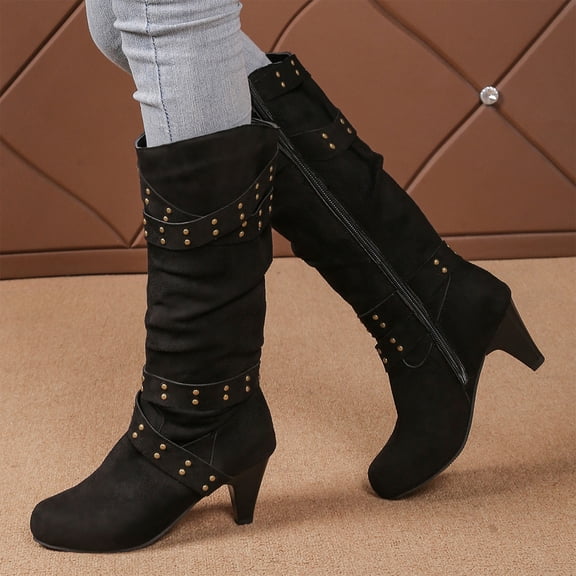 KEVCHE Women's Chunky Heel Knee High Boots, Fall Winter Lace Up Pointed Toe High Heel Boots with Breathable Lining, Trendy Boots for Daily Party Wear