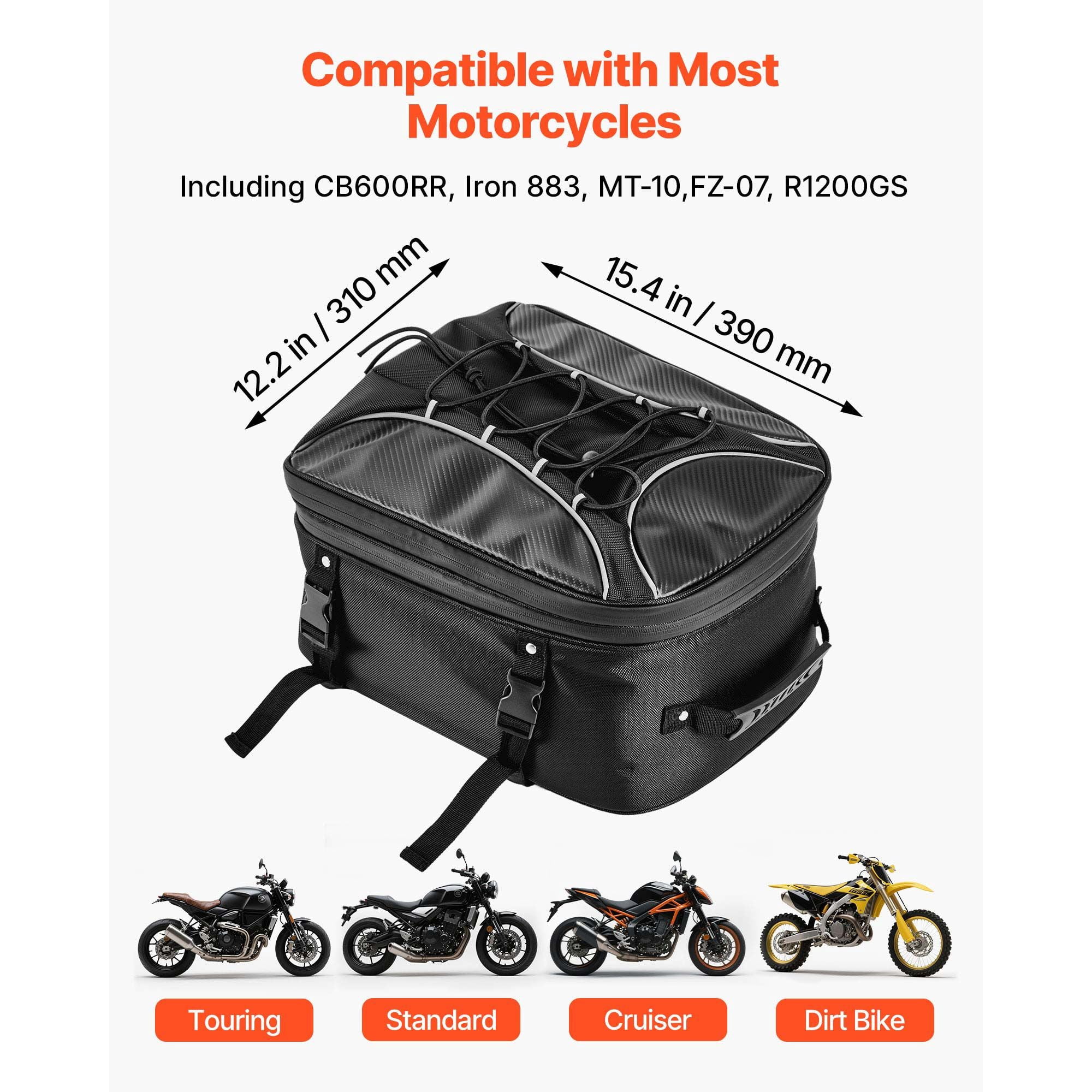 Motorcycle Tail Bag, 22-34 L Expandable Motorcycle Rear Seat Bag with Waterproof Rain Cover, Outdoor Sports Motorbike Luggage Storage Backpack Handbag with Straps, Pocket & Elastic Cord, Black