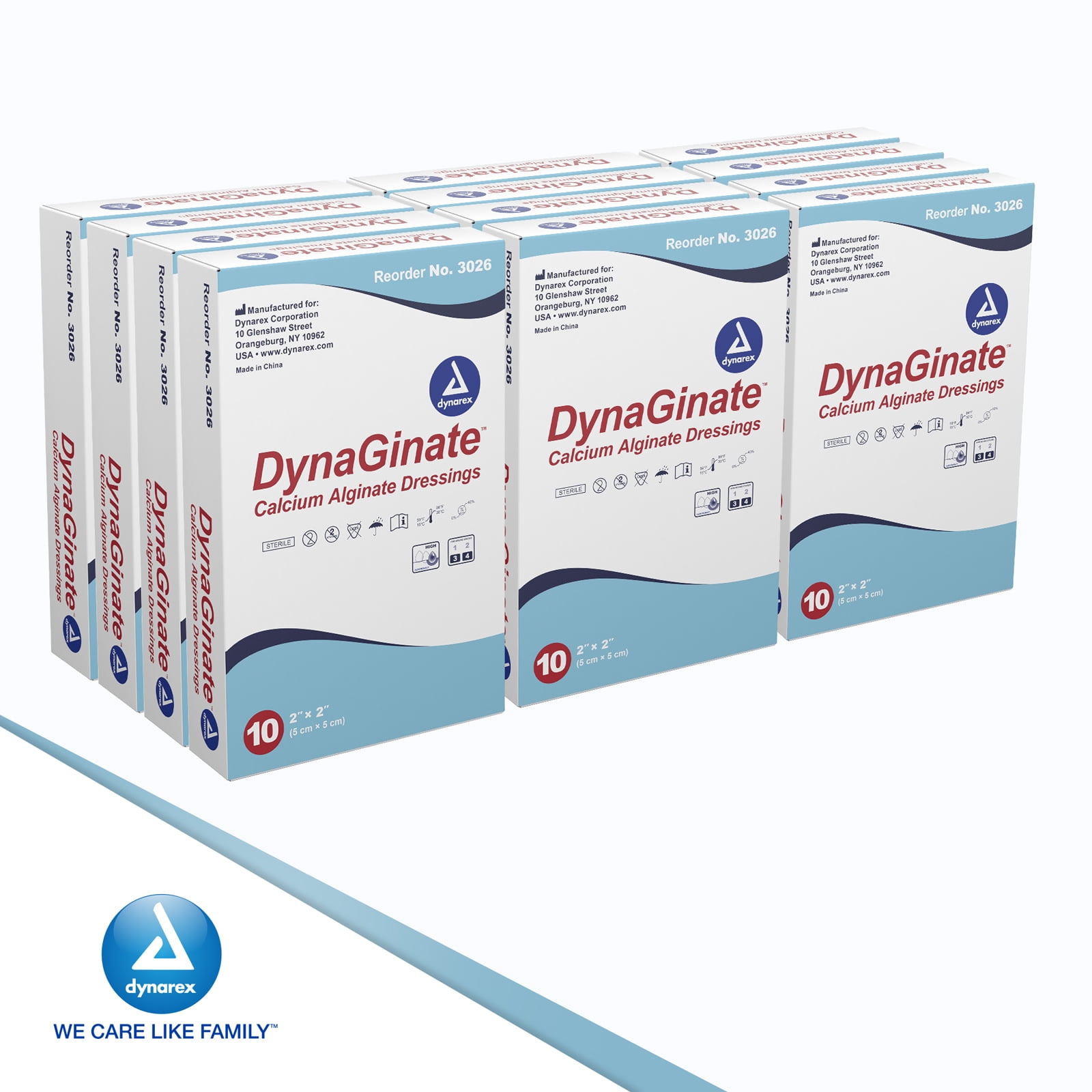 Dynarex DynaGinate Calcium Alginate Wound Dressing - Sterile, Non-Stick Topical Wound Pads - Absorbent Gel Patches For Moderate To High Exuding Cuts - 2" x 2", 1 Case of 120
