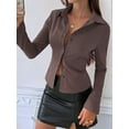 thumbnail image 6 of Women'S Striped Button Down Crop Shirt Long Sleeve Fitted Blouse Work Shirt Top Coffee Color S, 6 of 7