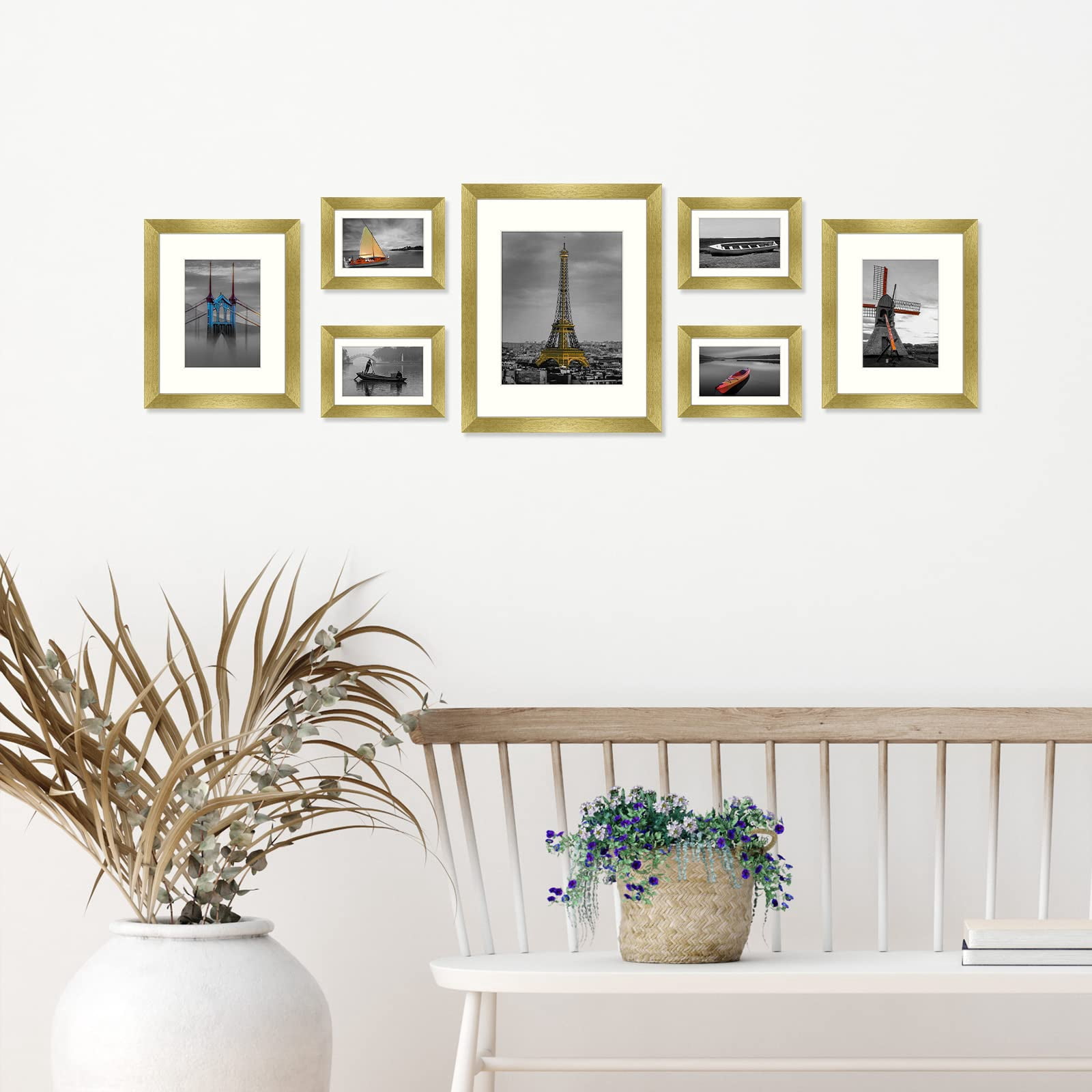 Golden State Art Gallery Wall Frames 11x14, 8x10, 5x7 Matted Photo Frames, Gold, Set of 7