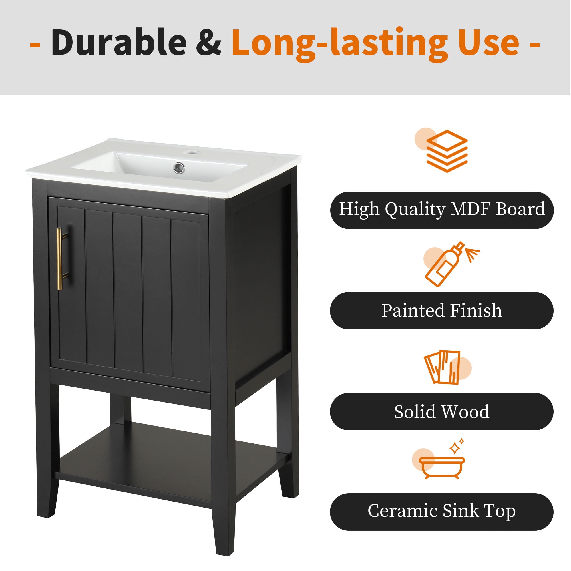 Euroco 20" Bathroom Vanity with Sink, Bathroom Cabinet with Soft Closing Door, Storage Rack and Open Shelf, Black