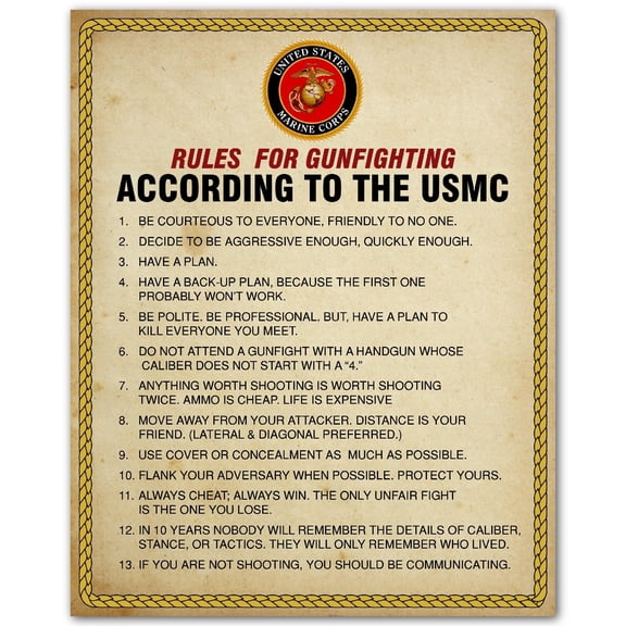 Rules For Gun Fighting - USMC Wall Decor Print, Patriotic Military Wall Art, Veterans Office Decor, Home & Classroom Decor