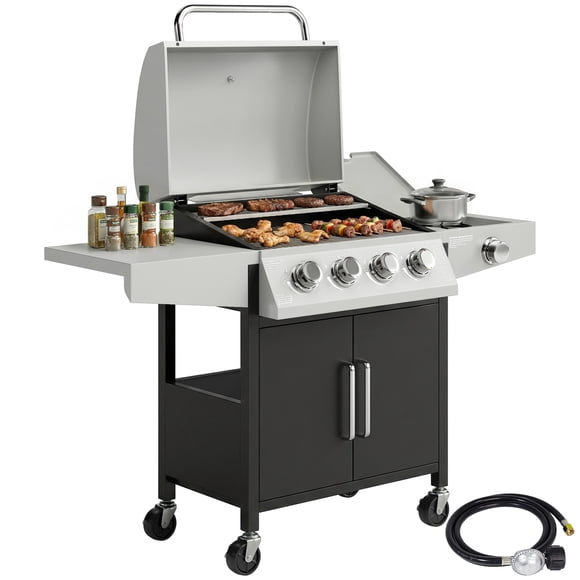 Outsunny 4+1 Burner Liquid Propane Gas Grill, Outdoor Portable BBQ Grill