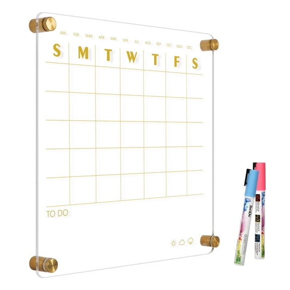 DOLLAR BOSS Premium Acrylic Calendar for Wall Small Calendar Whitebaord 12"x12" Golden Clear Dry Erase Board Non-Magnetic Home Office Monthly Glass Family Planner Wall Mounted Board with 2 Markers