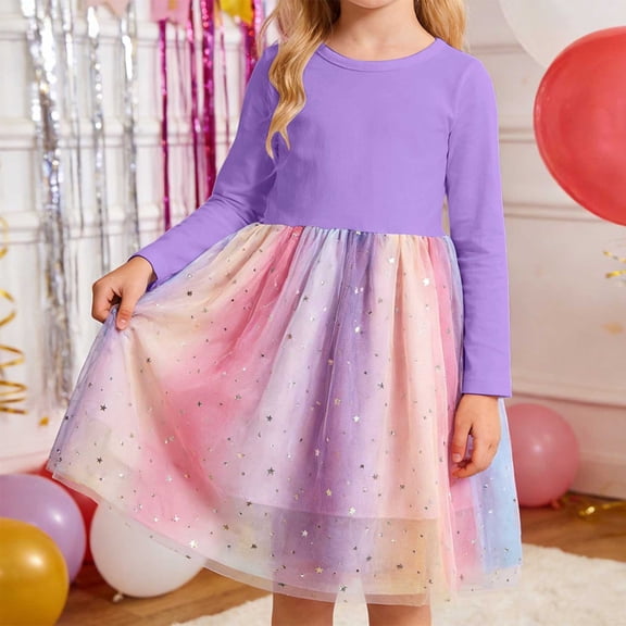 OOOUM Long Sleeve Tulle Dresses For Girls Cotton Skater Twirl Flowy Dress Trendy Versatile Casual Summer Outfits Purple 5-6 Years
