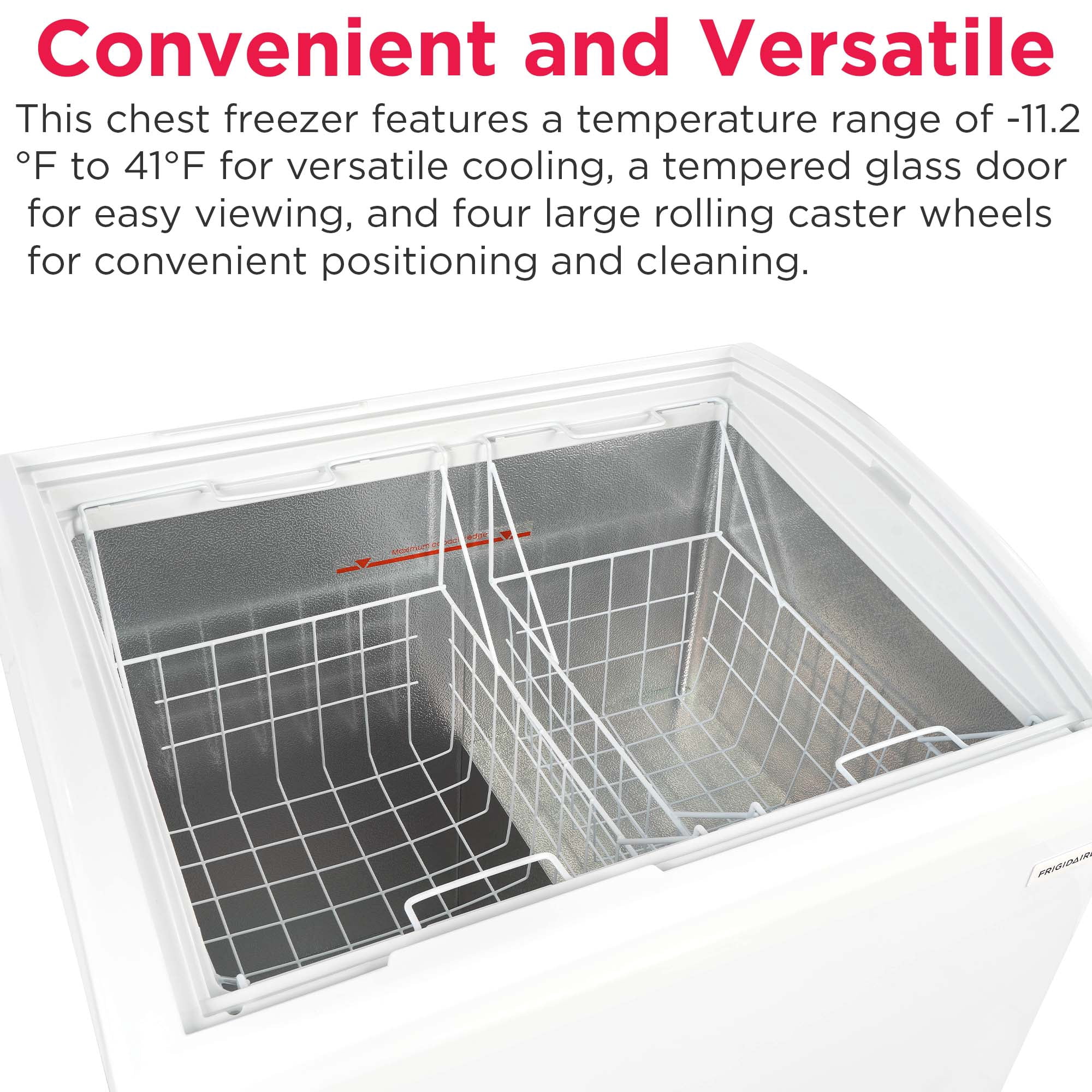 Frigidaire 6.7 Cu. ft. Curved Glass Top Display Freezer, 2 Door Convertible Freezer Refrigerator with Lockable Glass Door and Wheels, White