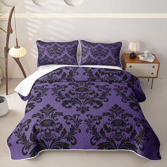 jejeloiu Spooky Skull Twin Quilt Set,Damask Pattern Twin Coverlet Set For Adults,Purple Black,2pcs