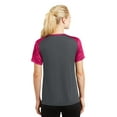 thumbnail image 2 of Sport-Tek Ladies CamoHex Colorblock Neck Tee-2XL (Iron Grey/ Pink Raspberry), 2 of 6