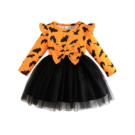 

Usaibhir Toddler Baby Halloween Outfits Cat/Bat Print Dress Kids Girls Long Sleeve Ruffle Tutu Skirts Halloween Clothes for 6M-3Y Orange