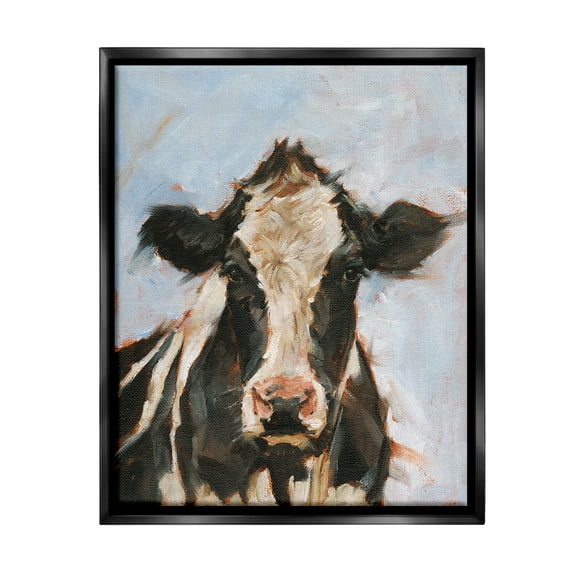Stupell Industries Expressive Cow Portrait Animals & Insects Painting Black Floater Framed Canvas Art Print Wall Art, 17 x 21