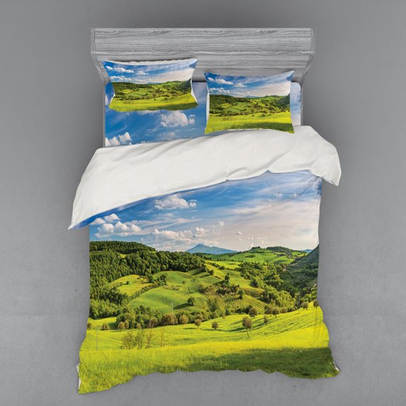 Ambesonne Landscape Bedding Set 4 Pcs, Tuscany Italy Farms, Queen, Sky Blue Apple Green