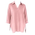 thumbnail image 3 of Women's Plus Size 3/4 Sleeve V-Neck Top, Elegant Lapel Casual Blouse with Side Slit, Loose Fit Tunic for Office Work, Everyday Wear and Casual Outfits Pink S, 3 of 4