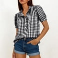 thumbnail image 5 of Ruimatai Womens Gingham Ruffle Trim V Neck Puff Short Sleeve Blouse Casual Loose Fit Tops for Daily Wear Office Vacation, 5 of 8