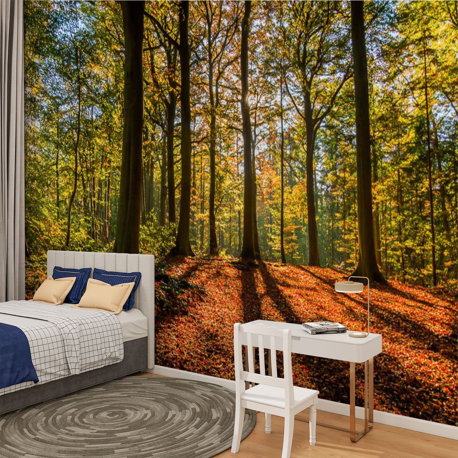 Peel and Stick Wallpaper Wonderful sunny day autumn sunlight coming trees shadows leaves ground Modern Art Wall Mural Decor Self Adhesive and Removable 100in x 144in