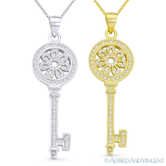 Circle & Flower Bow Key Charm Pendant & Chain Necklace in .925 Sterling Silver