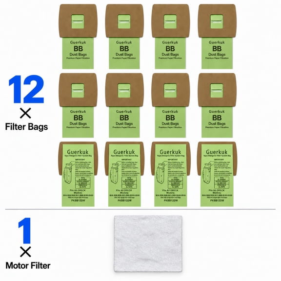 Replacement for oreck pkbb12dw super-deluxe compact canister bags (12 filter bags, 1 motor filter)