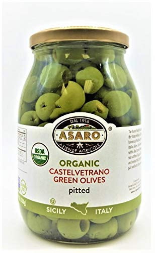 ASARO Organic Castelvetrano Green Pitted Olive Pack of 1 Jar - 36 Fl.Oz. DR WT 16 Oz.z/550 gm