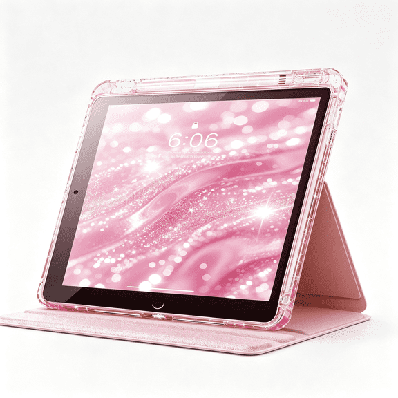 GJX Rotating Case for Ipad 9Th Generation (2021) / 8Th Generation (2020) / 7Th Generation (2019) 10.2" 360 Rotating Cute Glitter Cover with Crystal Clear Back,Pencil Holder (Pink)